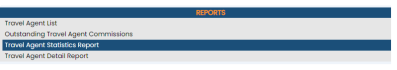 Reports section of the Travel Agents Menu with the Travel Agent Statistics Report command selected